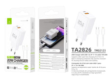 Fehér Techancy TA2826 USB-C és USB-A gyorstöltő Lightning kábellel