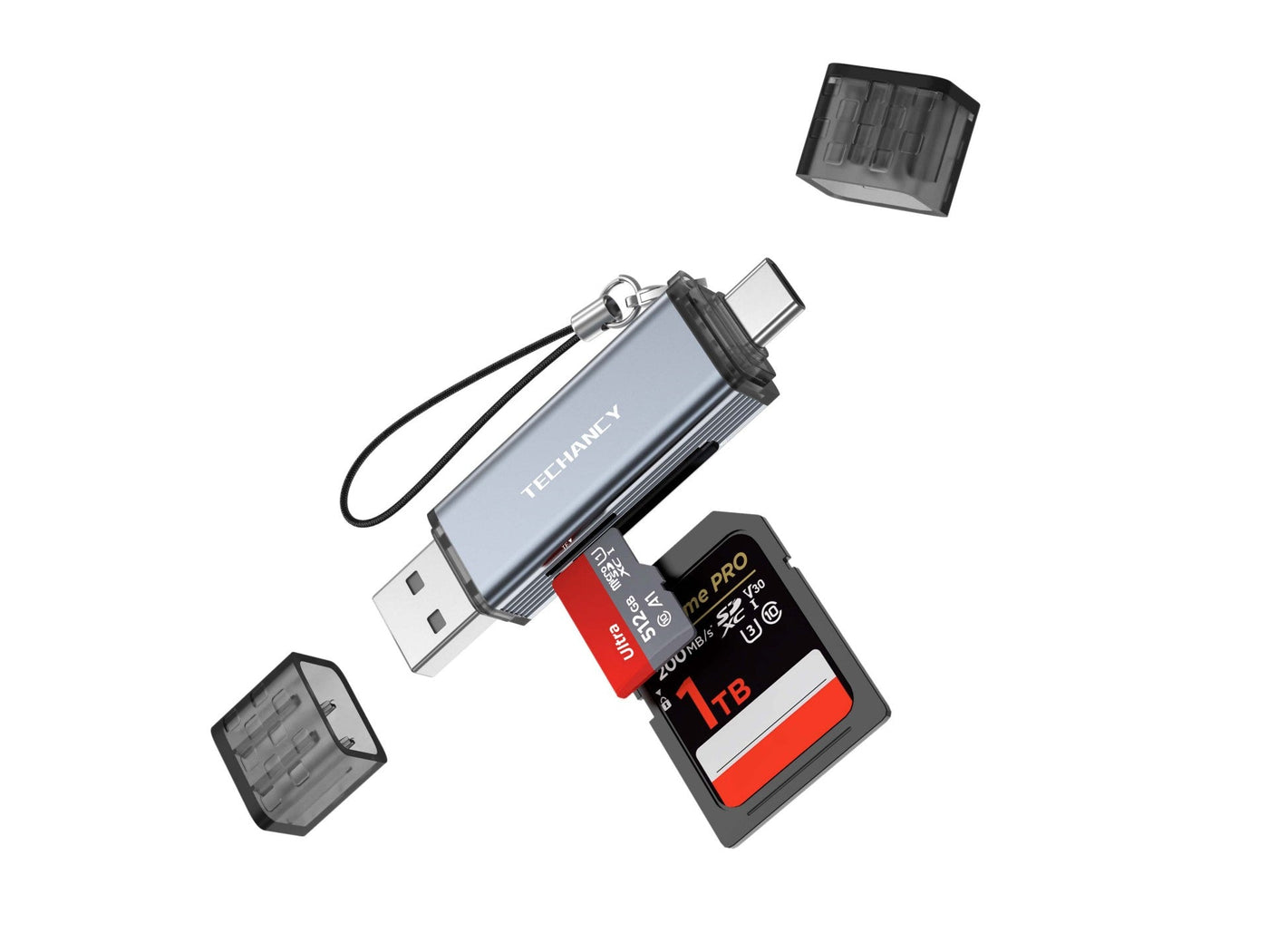 Szürke Techancy KJ8812 USB-A és USB-C kártyaolvasó