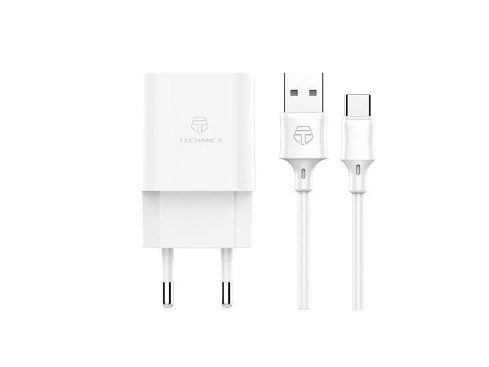 Fehér Techancy TA2791 fali töltő két USB-porttal és USB-C kábellel