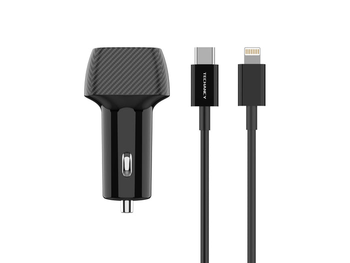 Fekete Techancy autós töltő USB és USB-C porttal