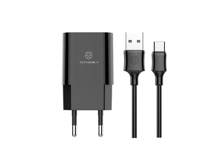 Fekete Techancy fali töltő két USB-porttal és USB-C kábellel
