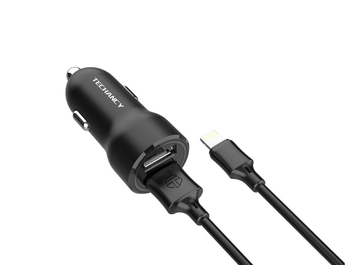 Fekete Techancy autós töltő két USB-porttal és iP kábellel