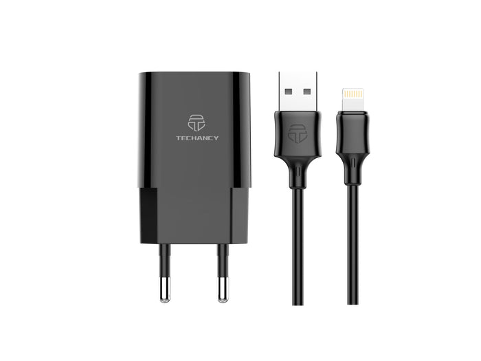 Fekete Techancy TA2790 fali töltő két USB-porttal és Lightning kábellel