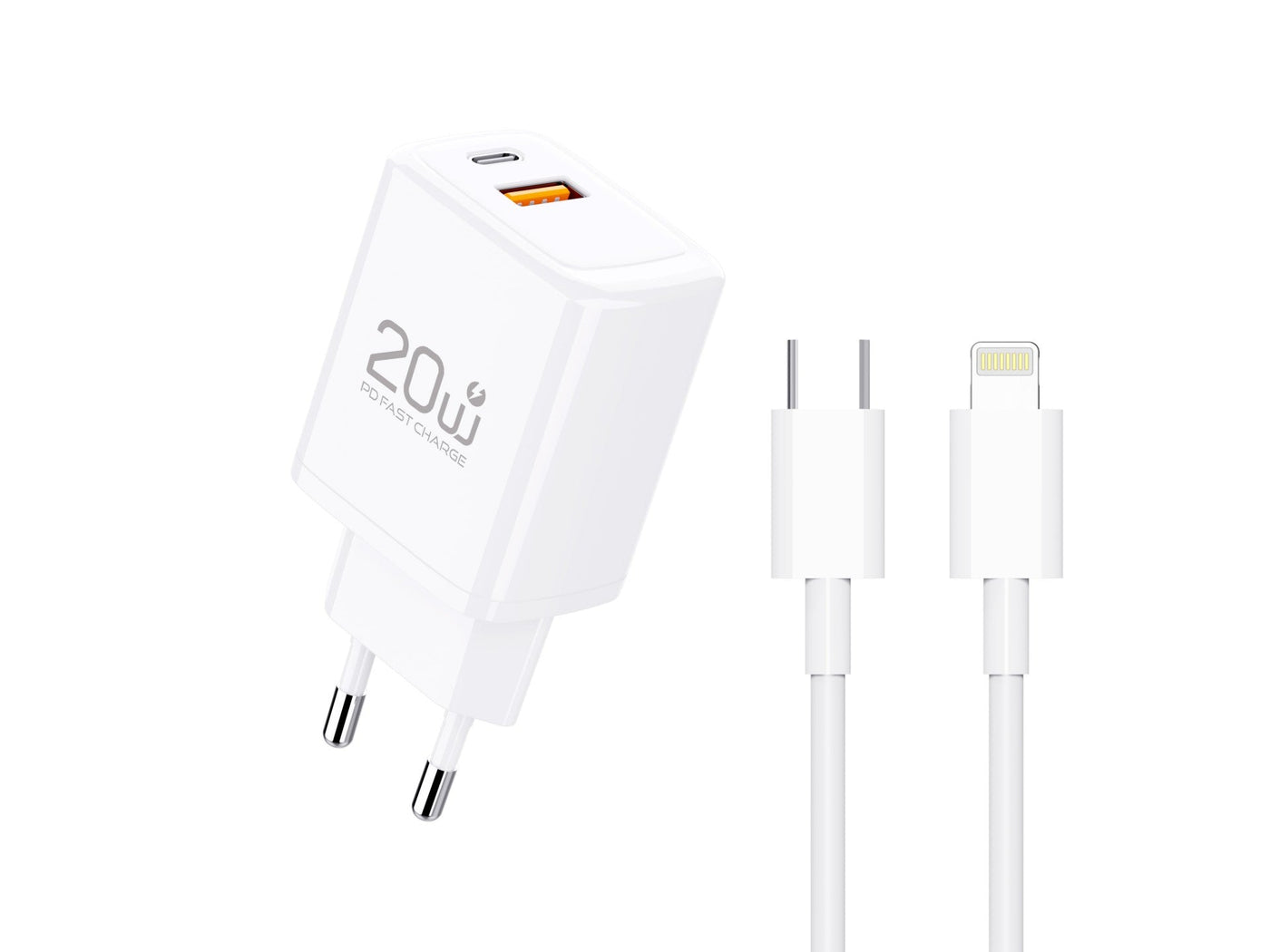 Fehér Techancy TA2826 USB-C és USB-A gyorstöltő Lightning kábellel