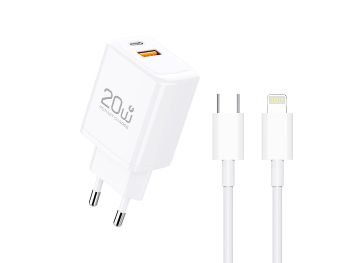 Fehér Techancy TA2826 USB-C és USB-A gyorstöltő Lightning kábellel