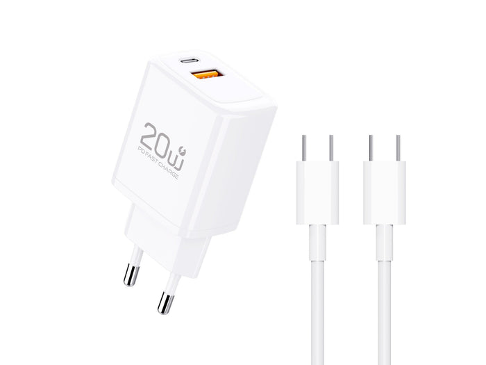 Fehér Techancy 20 W-os gyorstöltő USB-C és USB-A porttal