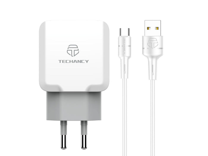 Fehér Techancy dupla USB-A fali töltő USB-C kábellel