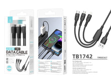 Fekete Techancy 3 az 1-ben USB-kábel USB-C, Micro USB és Lightning csatlakozóval
