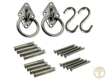 Stainless steel hammock wall mounting kit with plates, rings, hooks and screws