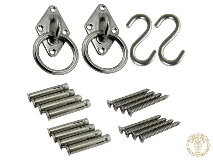 Stainless steel hammock wall mounting kit with plates, rings, hooks and screws