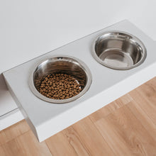 Medium floating wooden pet feeding stand with two stainless steel bowls in oak finish