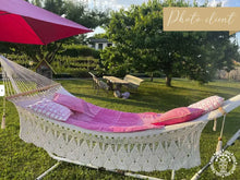 Hand-woven Deluxe Masaya cotton spreader bar hammock with decorative fringe and wooden bars