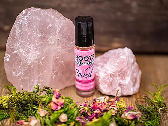 Loved crystal and herbal aromatherapy roller with rose quartz infusion