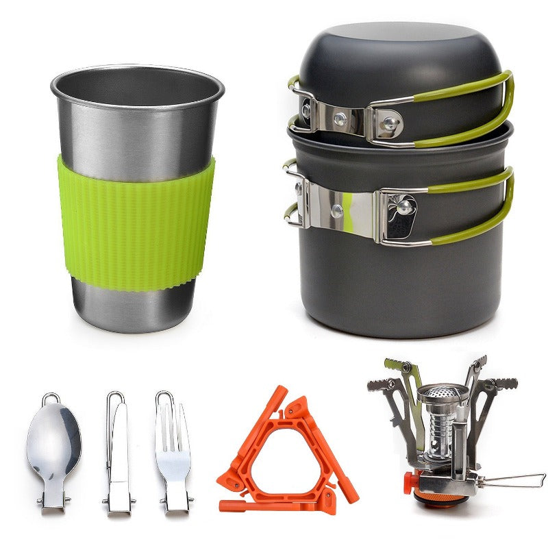 Kemping főzőedény készlet mini főzővel és zöld részletekkel