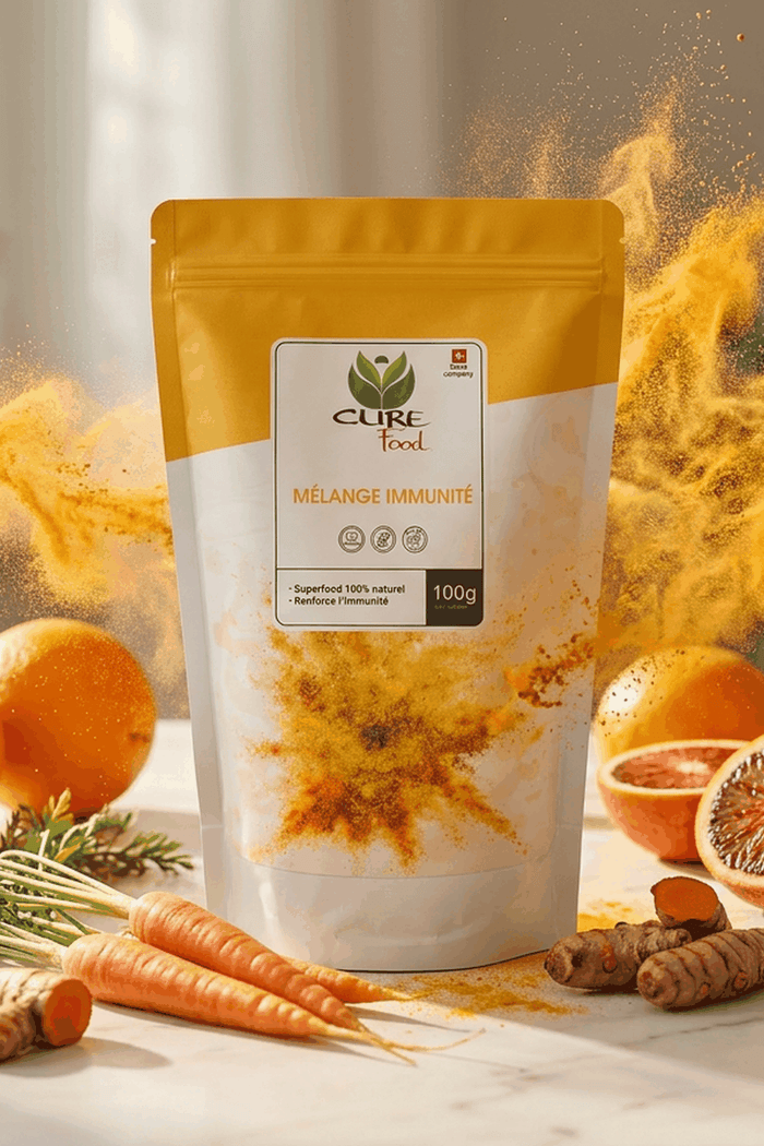 Immunity superfood powder blend with orange, carrot, blood orange, turmeric and ginger