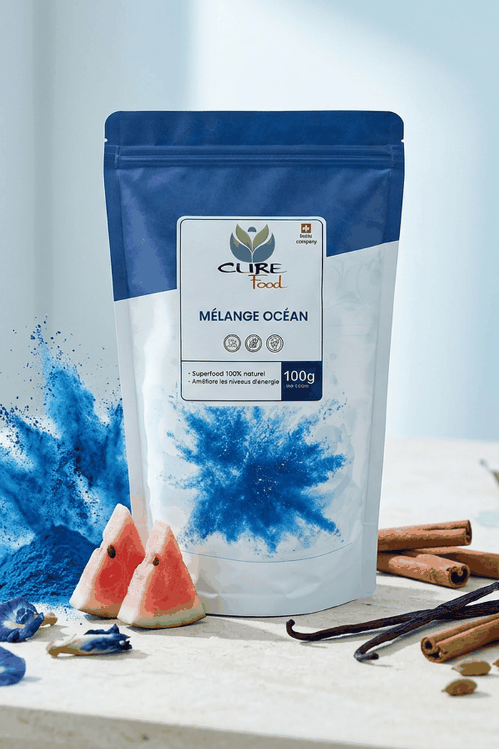 Ocean superfood blend with blue spirulina, butterfly pea, camu-camu and warming spices
