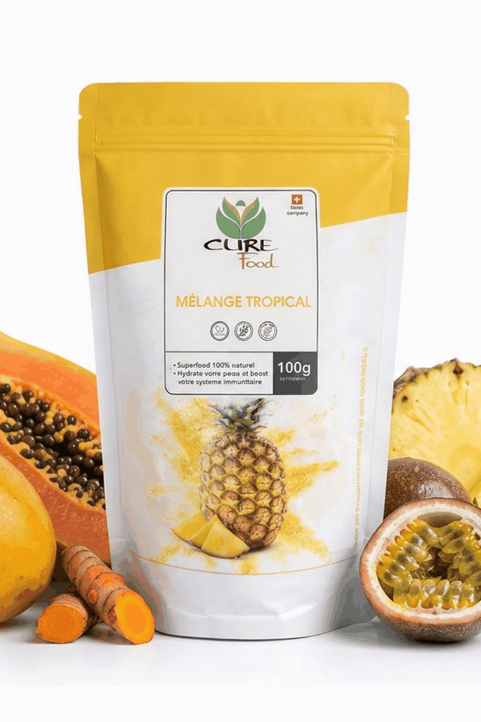 Tropical superfood powder blend with mango, papaya, passion fruit, pineapple and turmeric