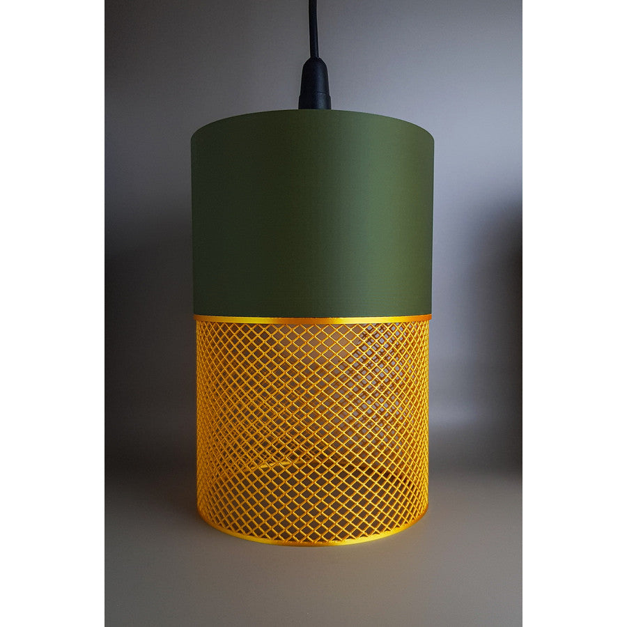 Loom Moss Aura 3D printed lamp in moss green and golden yellow with a mesh pattern
