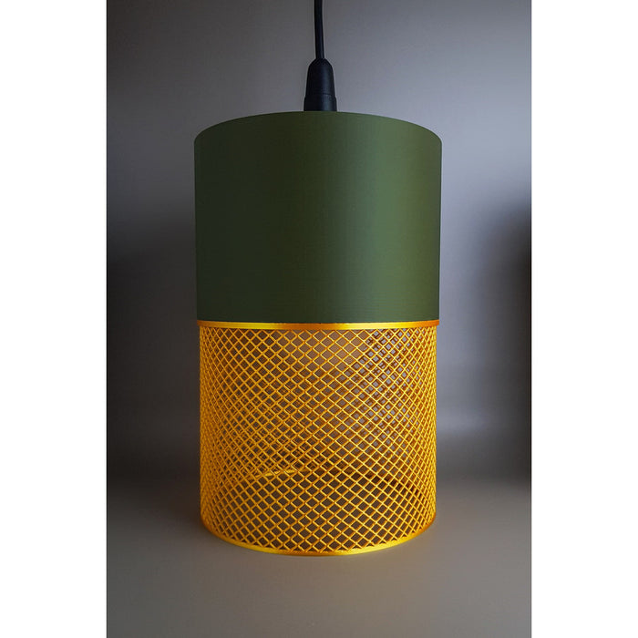 Loom Moss Aura 3D printed lamp in moss green and golden yellow with a mesh pattern