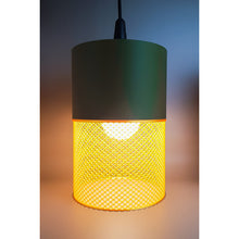 Loom Moss Aura 3D printed lamp in moss green and golden yellow with a mesh pattern