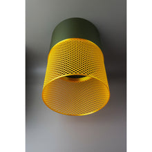 Loom Moss Aura 3D printed lamp in moss green and golden yellow with a mesh pattern