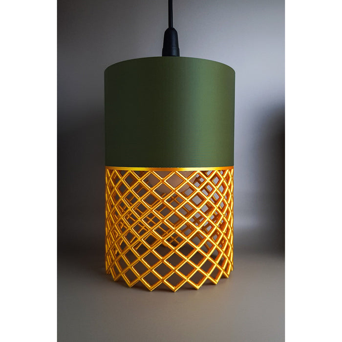 Vertex Moss Aura moss green and golden yellow pendant light with open geometric pattern