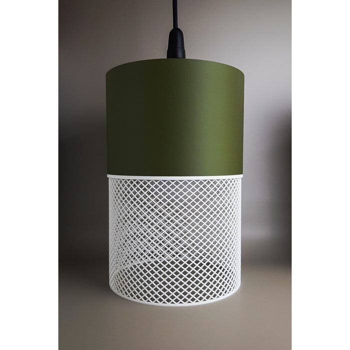 Loom Moss Ivory pendant light with matte moss green and ivory lattice shade