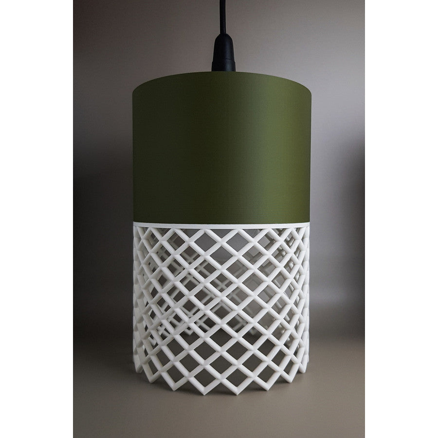 Moss green and ivory 3D printed Vertex pendant light with geometric open-pattern shade