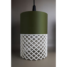 Moss green and ivory 3D printed Vertex pendant light with geometric open-pattern shade