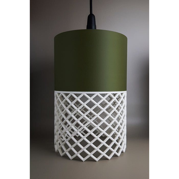 Moss green and ivory 3D printed Vertex pendant light with geometric open-pattern shade