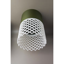 Moss green and ivory 3D printed Vertex pendant light with geometric open-pattern shade