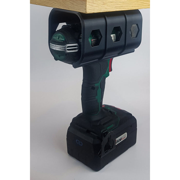 HEX-DOCK under-shelf holder for storing a cordless drill or screwdriver