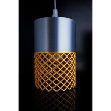 Nebula Aura modern pendant lamp with silver-grey cylinder and glossy gold patterned lower section