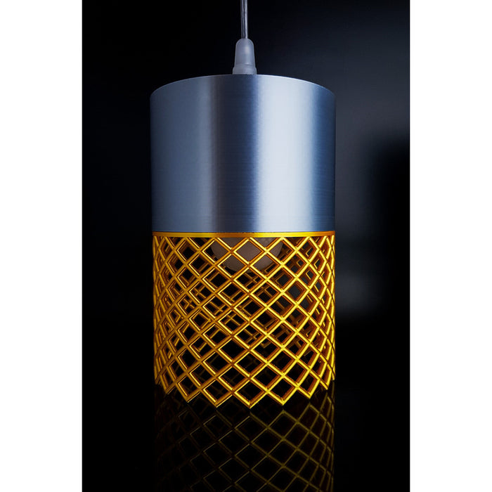 Nebula Aura modern pendant lamp with silver-grey cylinder and glossy gold patterned lower section