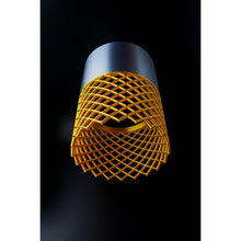 Nebula Aura modern pendant lamp with silver-grey cylinder and glossy gold patterned lower section
