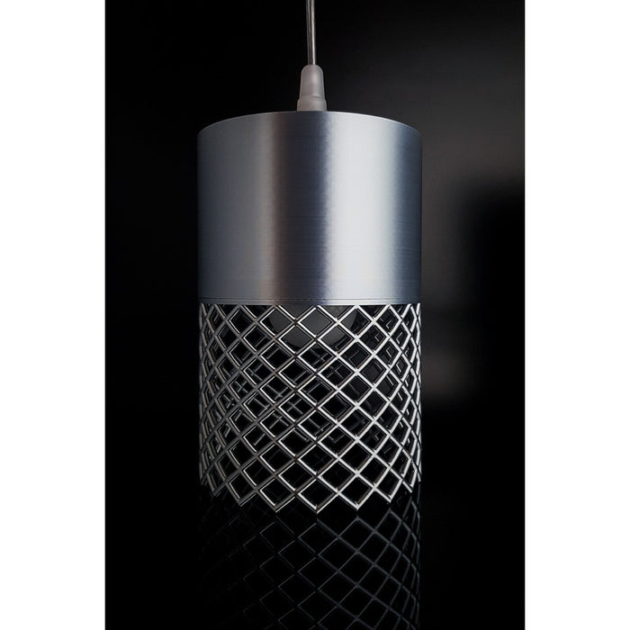 Vertex Nebula Max industrial pendant light with silver-grey cylinder and dark lattice lower section