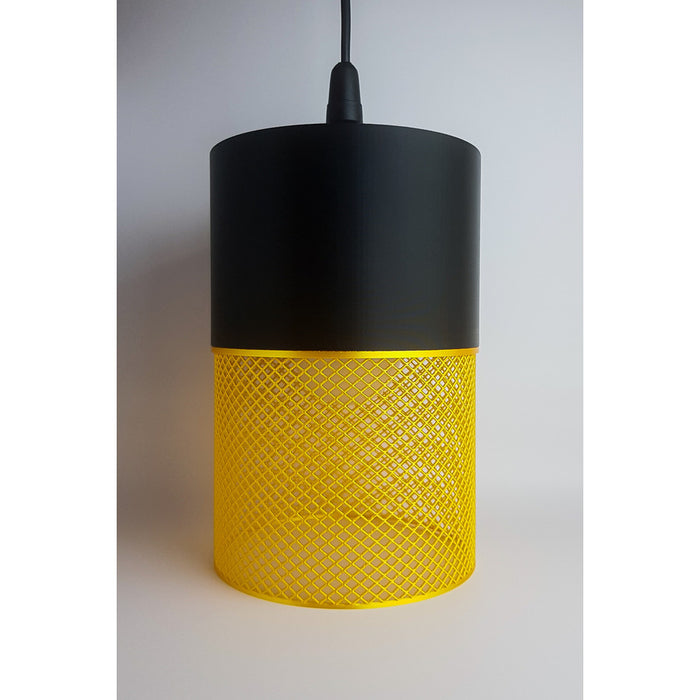 Loom Onyx Aura 3D printed pendant light with black top and golden yellow mesh lower shade