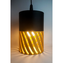 Sylwave Onyx Dune 3D printed pendant light with black top and golden yellow spiral shade