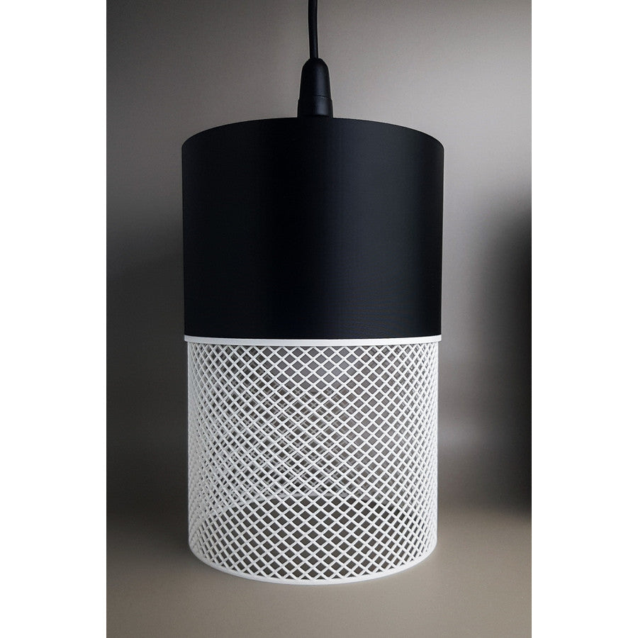 Loom Onyx Ivory 3D printed pendant light with black upper section and ivory mesh-style lower shade