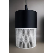 Loom Onyx Ivory 3D printed pendant light with black upper section and ivory mesh-style lower shade