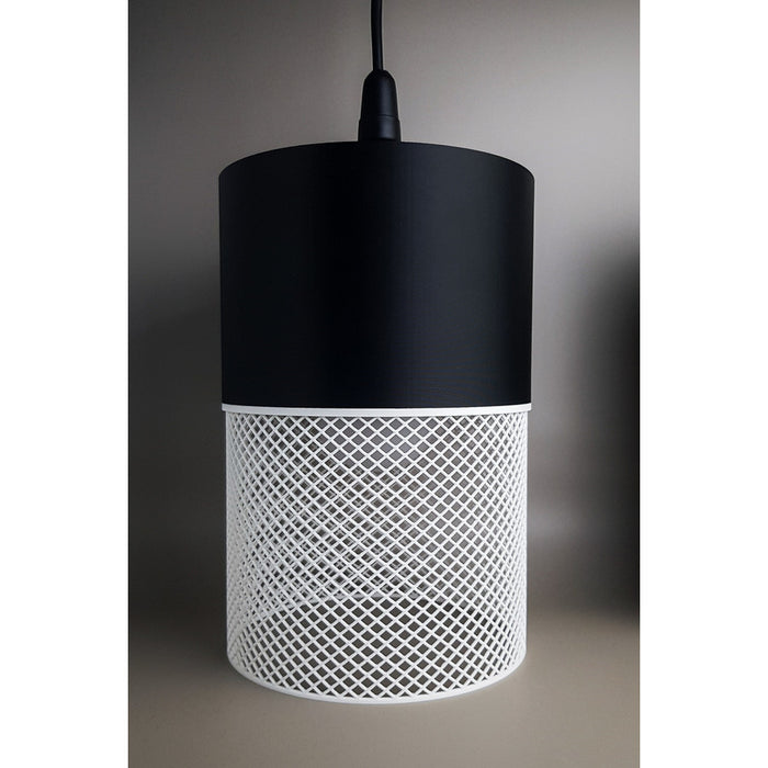 Loom Onyx Ivory 3D printed pendant light with black upper section and ivory mesh-style lower shade