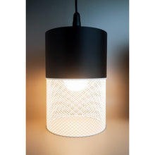 Loom Onyx Ivory 3D printed pendant light with black upper section and ivory mesh-style lower shade