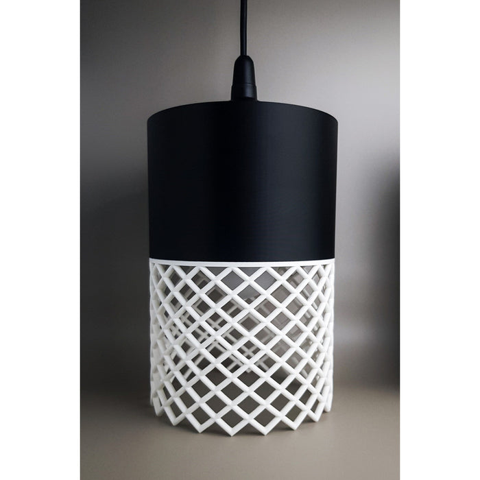 Vertex Onyx Ivory 3D printed pendant light with black upper section and textured ivory lower shade