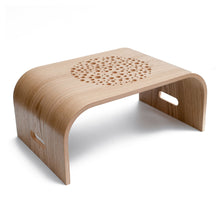 Oak wooden laptop tray with ventilation holes for use on a bed or sofa