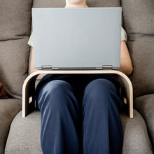 Oak wooden laptop tray with ventilation holes for use on a bed or sofa