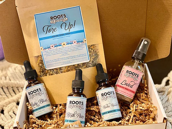 Postpartum Mama herbal gift set with postpartum care blends and body spray