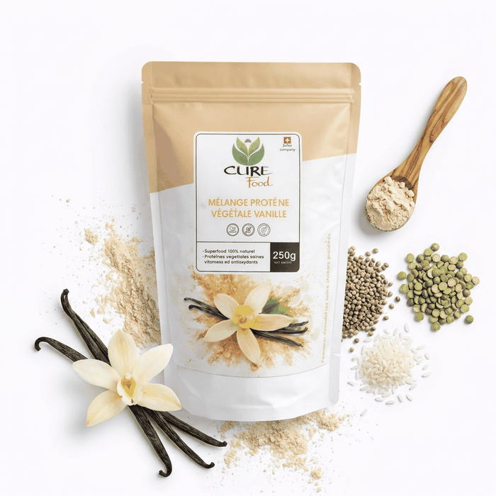 Vanilla plant protein blend powder in 250g pack
