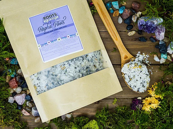 Healing herbal mineral bath salts with mineral salts and botanical ingredients