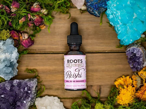 Organic reishi mushroom tincture in a 1 oz bottle