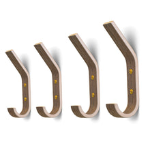 Set of four walnut wooden wall hooks for coats, bags, hats, and everyday home storage